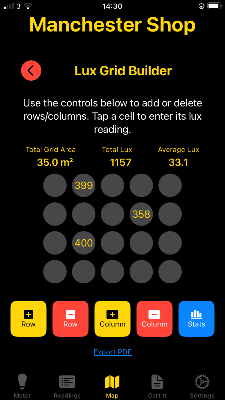 Room grid view with lux cells in Lux Meter Pro