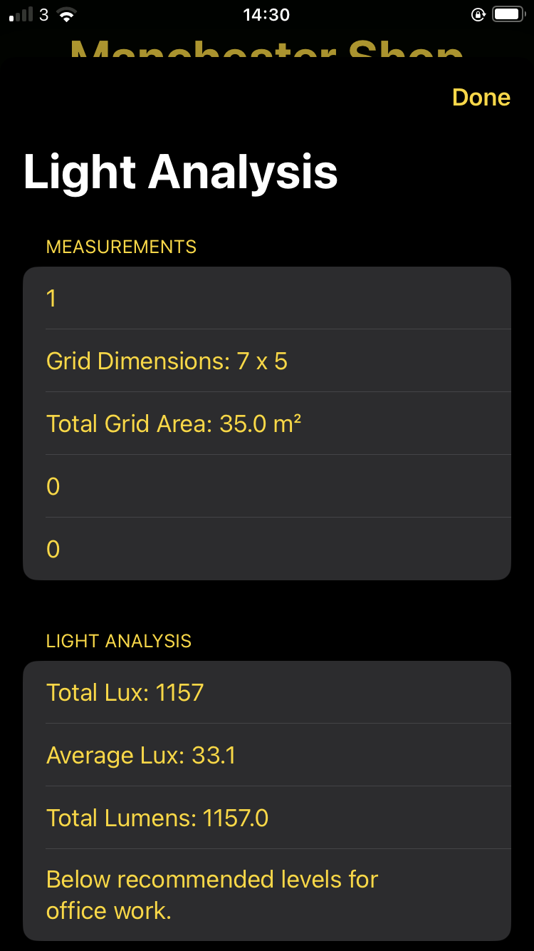 Lighting grid stats and PDF export in Lux Meter Pro