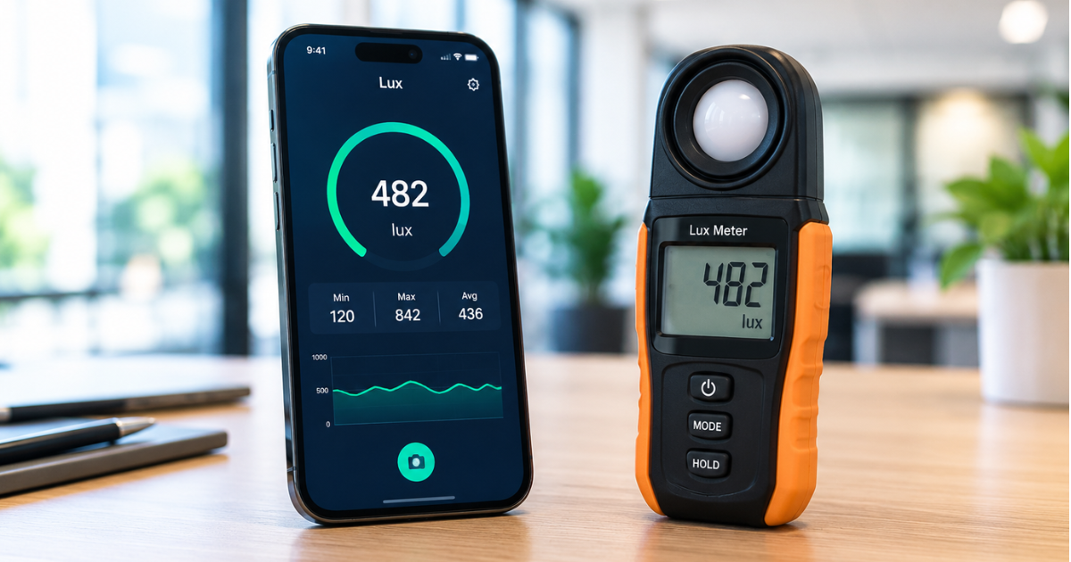 Lux Meter Pro reading on an iPhone next to a dedicated handheld lux meter