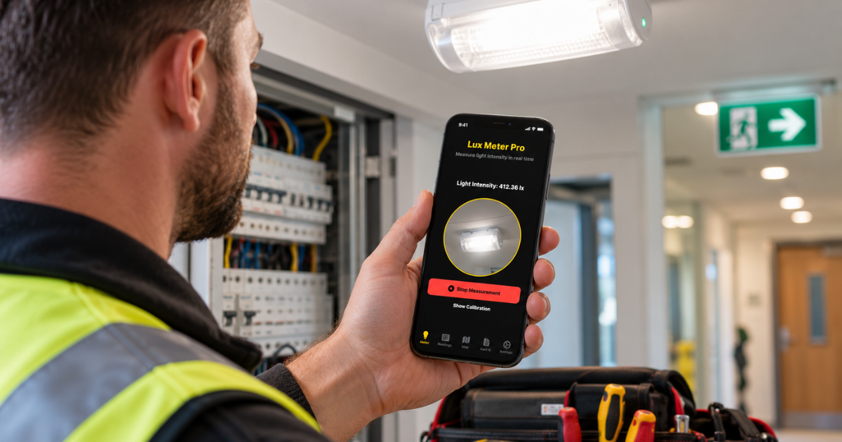 Sole trader electrician taking a light level reading on an iPhone during a domestic job