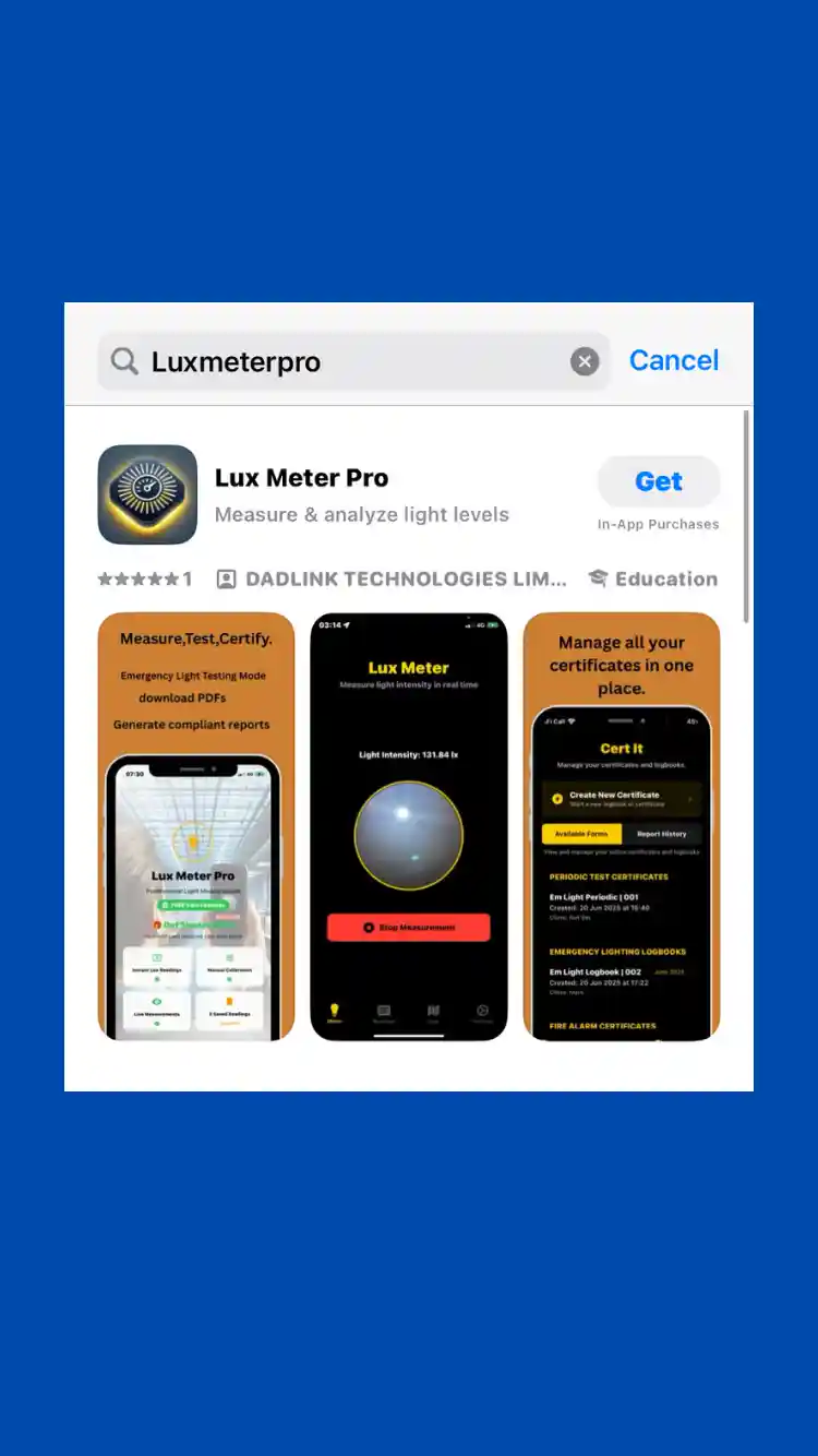 Lux Meter Pro app interface showing professional light measurement on iPhone