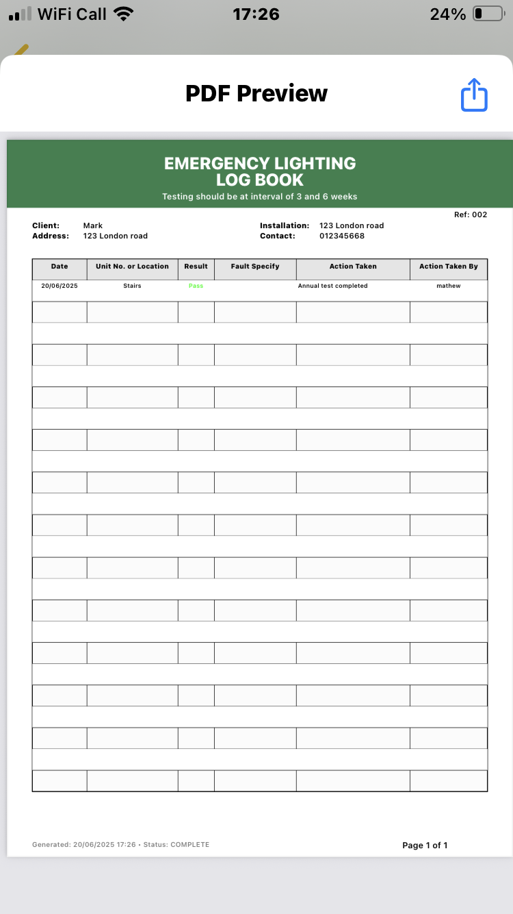 Emergency Light Logbook Certificate