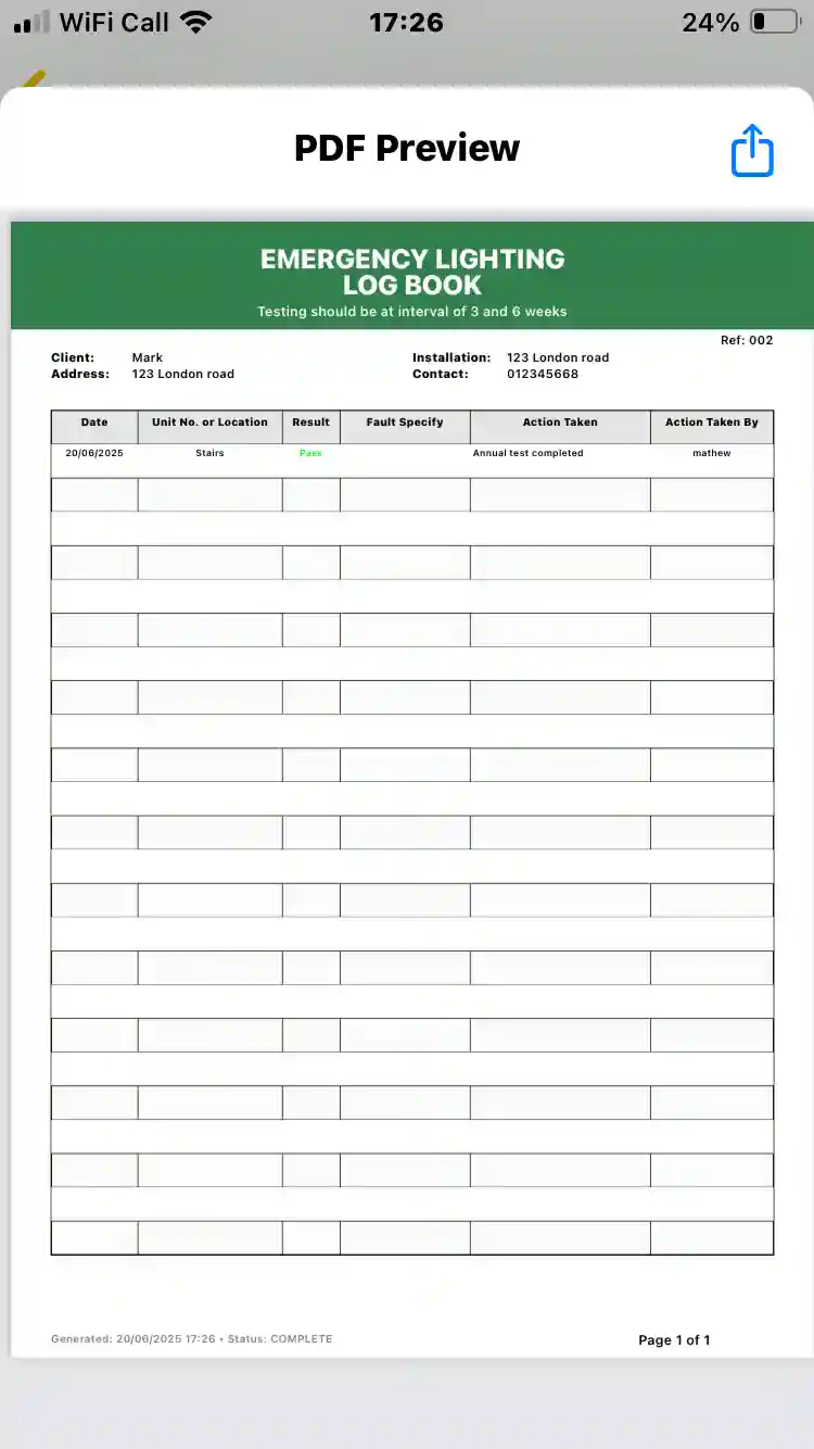 Emergency Light Logbook Certificate