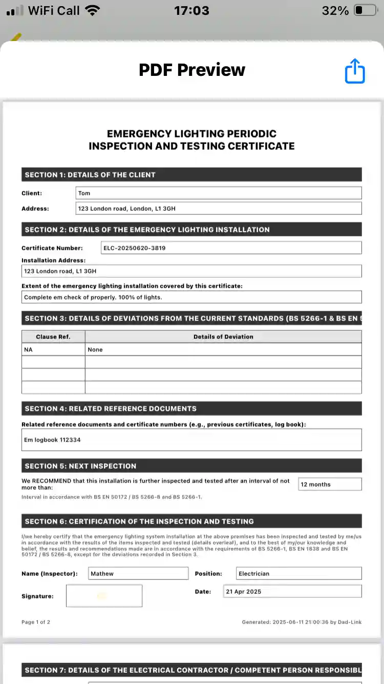 Emergency Lighting Periodic Test Certificate