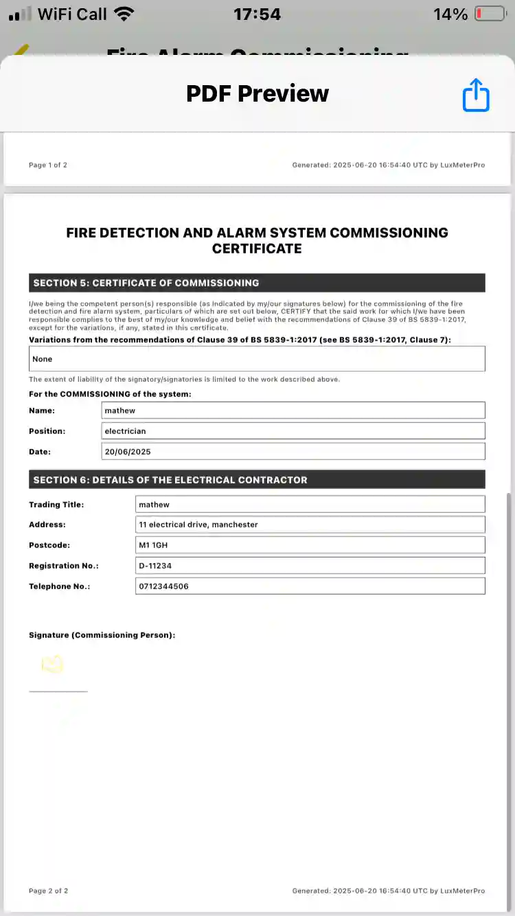 Fire Alarm Commissioning Certificate