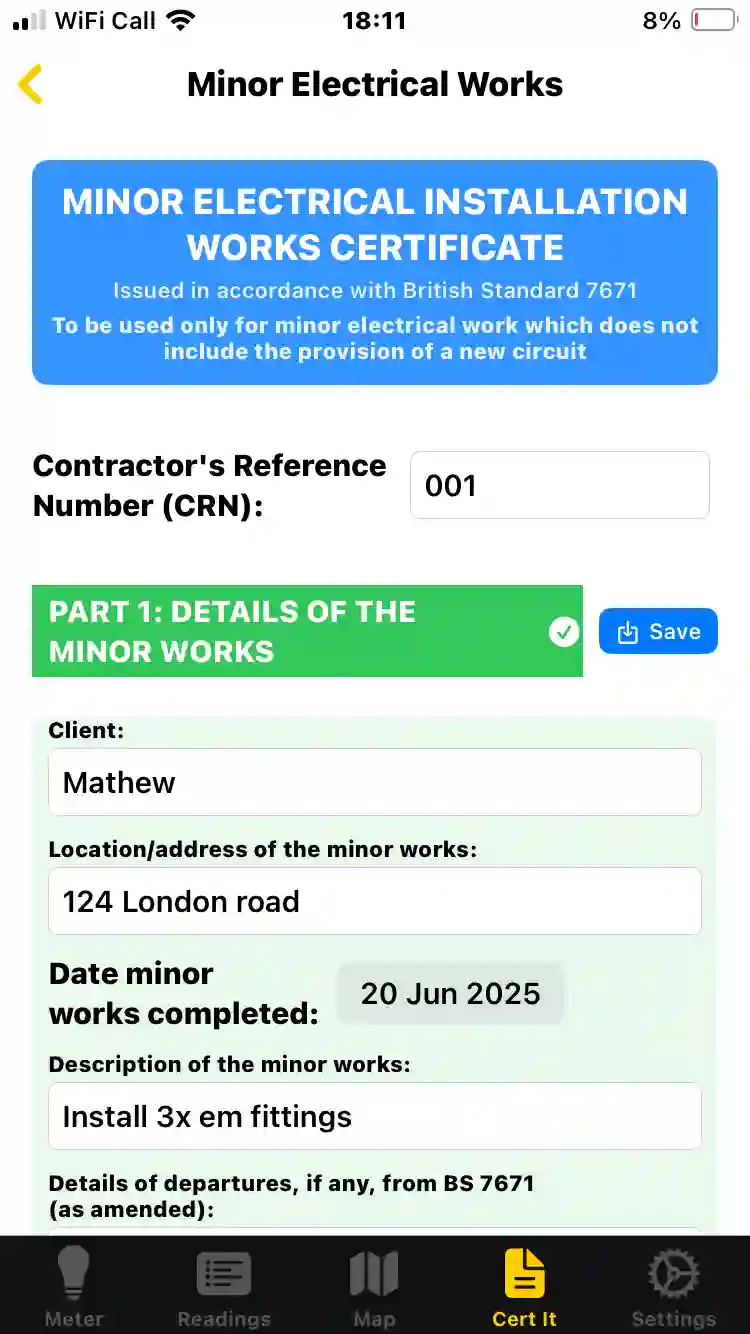 Minor Works Certificate