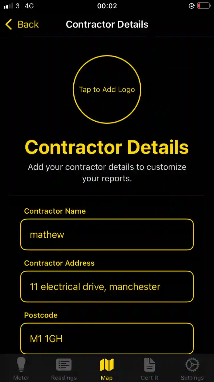 Upload Logo, Name, Contractor Address and Postcode