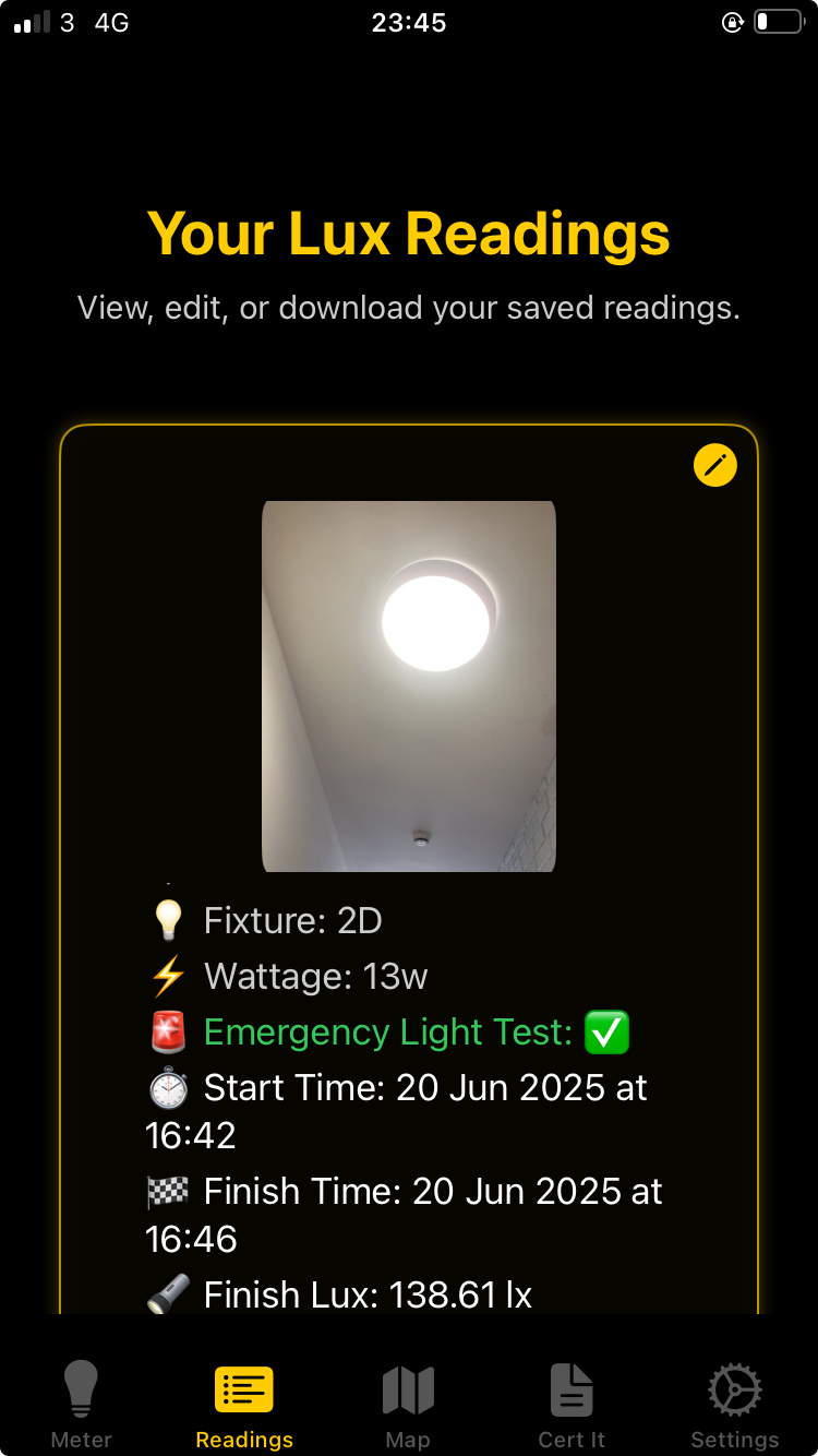 Lux Meter Pro Readings Tab - History & Management