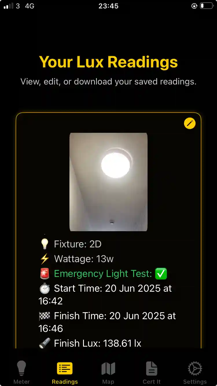 Lux Meter Pro Readings Tab - History & Management