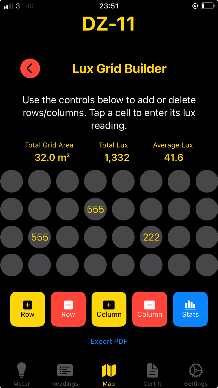 Lux Meter Pro Grids Section - Room Mapping Interface